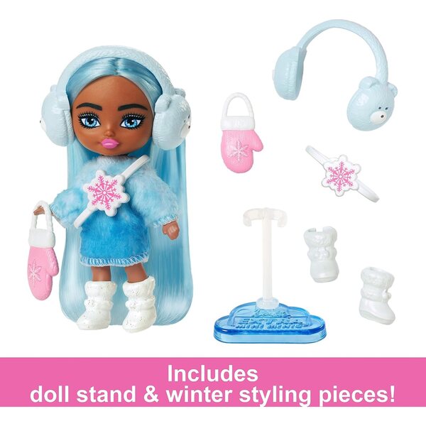Barbie Extra Mini Minis 8 cm große Reisepuppe mit Winterkleid und Schneezubehör