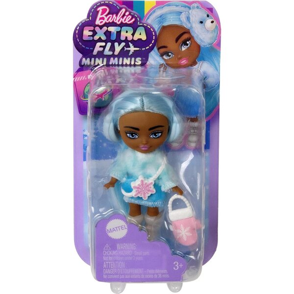 Barbie Extra Mini Minis 8 cm große Reisepuppe mit Winterkleid und Schneezubehör