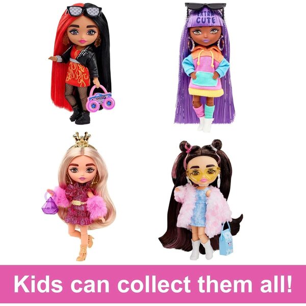 Barbie Extra Minis 14 cm große Puppe mit roten und schwarzen Haaren und Kleid mit Flammen