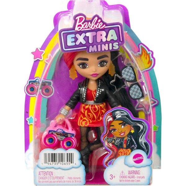 Barbie Extra Minis 14 cm große Puppe mit roten und schwarzen Haaren und Kleid mit Flammen