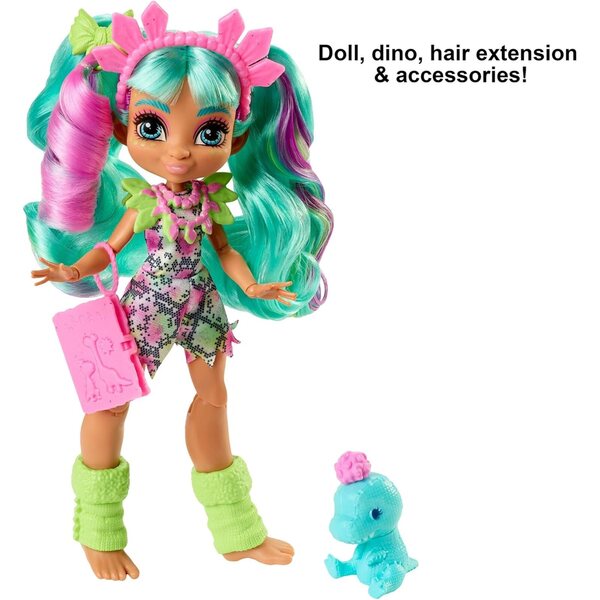 Mattel Cave Club Rockelle bewegliche Puppe mit Dinosaurier und Zubehör für Kinder ab 4 Jahren