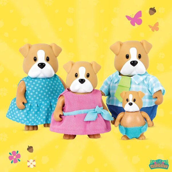 Li'l Woodzeez Woofington Bulldog Family: 4 bewegliche Minifiguren mit Geschichtenbuch