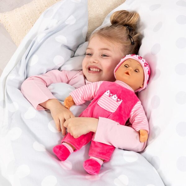 Bayer Babypuppe 38 cm weich mit Geräuschen, geschlossenen Augen und komplettem rosa Zubehör