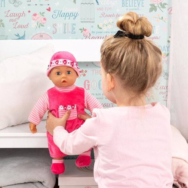 Bayer Babypuppe 38 cm weich mit Geräuschen, geschlossenen Augen und komplettem rosa Zubehör