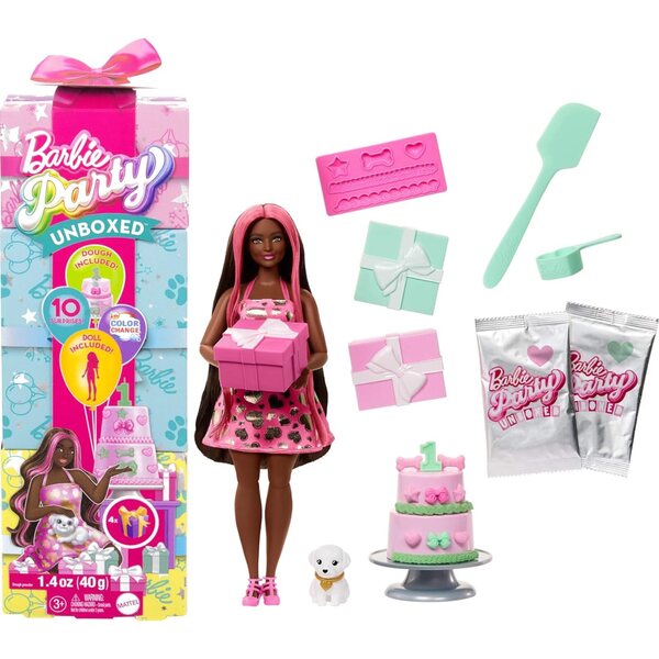 Barbie Party Unboxed Shimmerin' Hearts avec 10 surprises et jeu de décoration de gâteaux