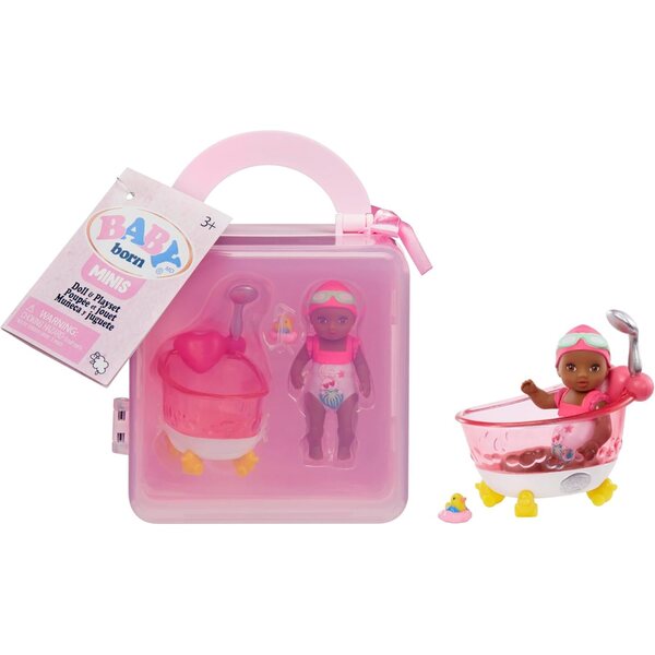BABY born MINIS Playset - Deep Skin Tone Doll with Brown Eyes, Bathtub & Rubber Duck Accessory, Includes Reusable Carrying Case for On-The-Go Playtime