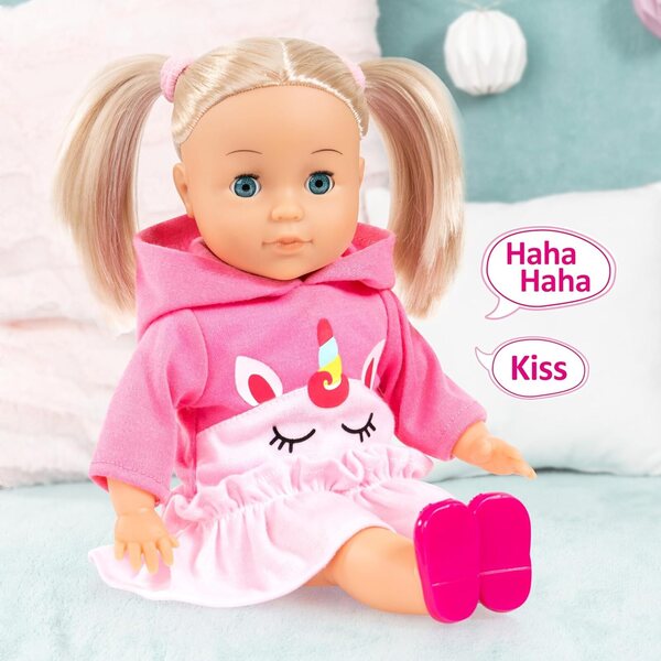 Bayer Charlene Little Lover 33 cm große interaktive Puppe mit Geräuschen, schließenden Augen und Einhorn-Outfit