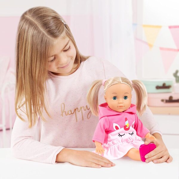 Bayer Charlene Little Lover 33 cm große interaktive Puppe mit Geräuschen, schließenden Augen und Einhorn-Outfit