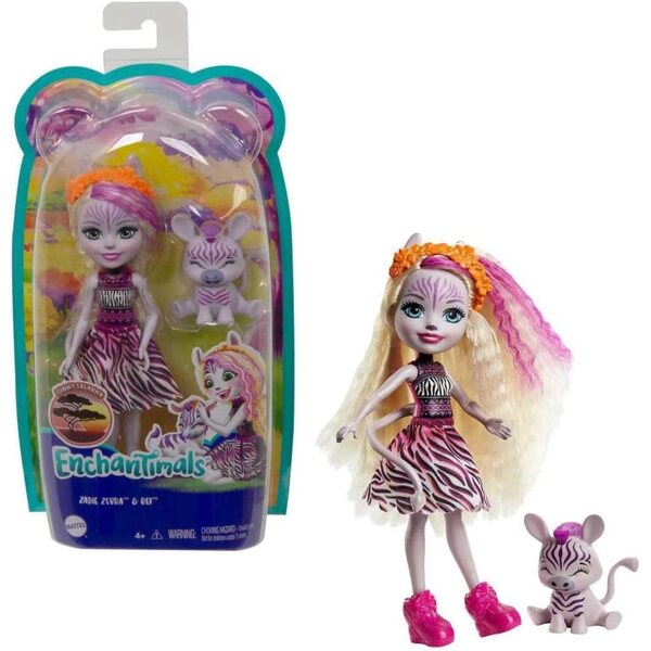 Enchantimals Zadie Zebra-Puppe, 15 cm, mit abnehmbarem Kleid und Tierreflexion