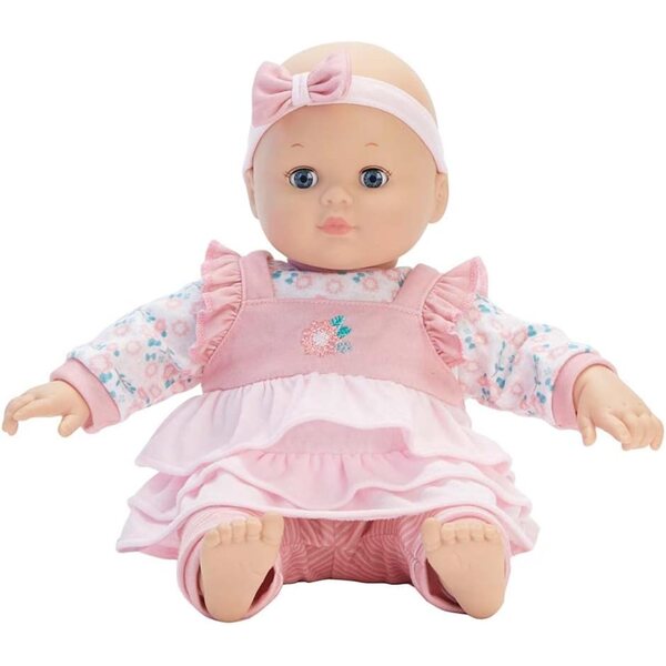 Baby Cuddles Madame Alexander 36 cm Poppe mat Fläsch a Blummen Kleeder
