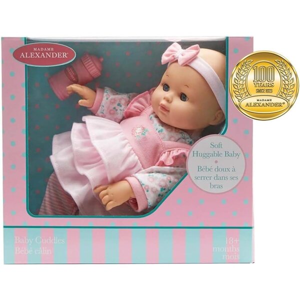 Baby Cuddles Madame Alexander 36 cm Poppe mat Fläsch a Blummen Kleeder