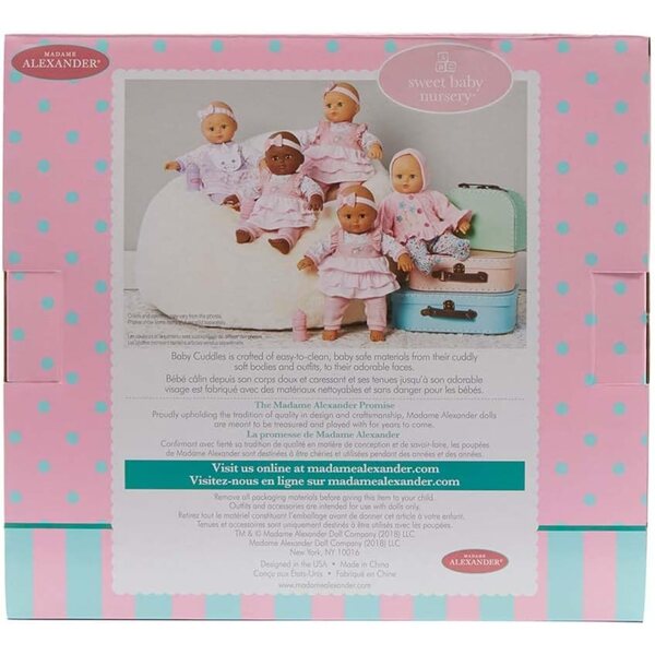 Baby Cuddles Madame Alexander 36 cm Poppe mat Fläsch a Blummen Kleeder