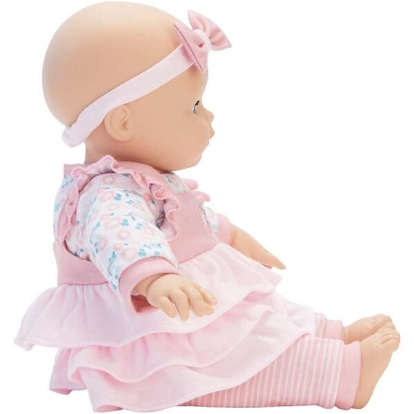 Baby Cuddles Madame Alexander 36 cm Poppe mat Fläsch a Blummen Kleeder