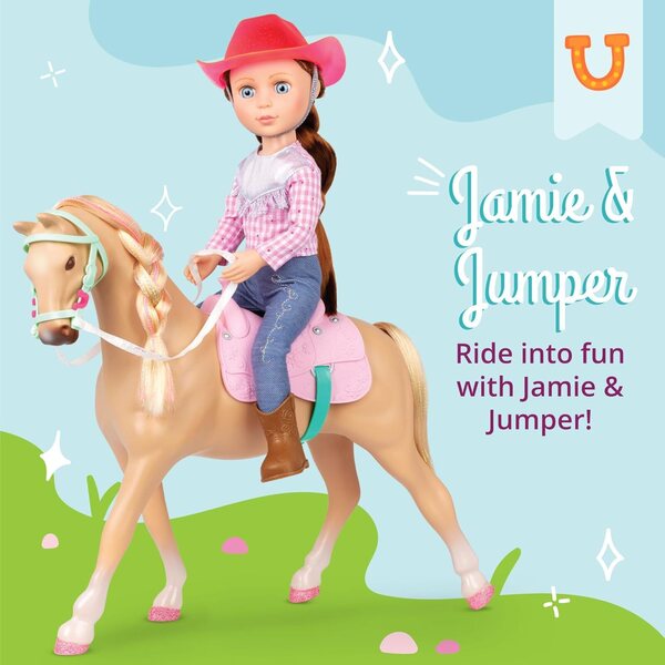 Glitter Girls Jaime & Jumper: 36 cm große Reiterpuppe mit Pferde- und Cowgirl-Kleidung