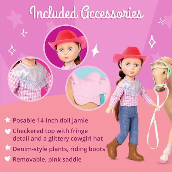 Glitter Girls Jaime & Jumper: 36 cm große Reiterpuppe mit Pferde- und Cowgirl-Kleidung