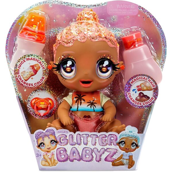 Poupée Glitter Babyz Solana Sunburst avec cheveux changeants de couleur et accessoires magiques