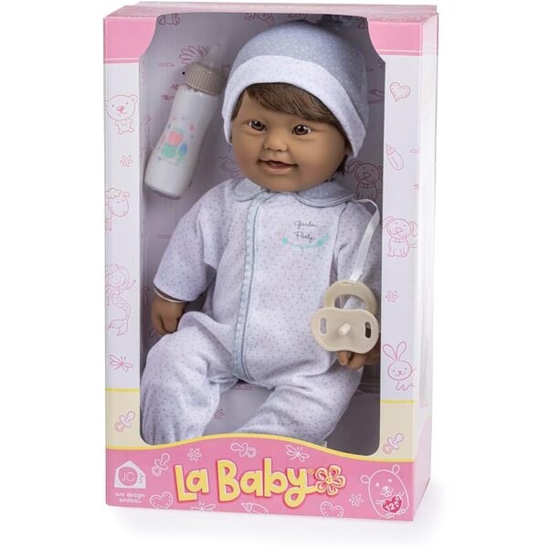 Miękka lalka o średnicy 40 cm z zespołem Downa, brązowymi włosami i magiczną butelką JC Toys