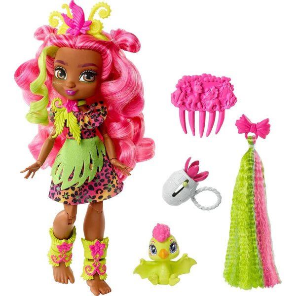 Mattel Cave Club Fernessa Prähistorische Puppe mit Dinosaurier und Zubehör, 20–25 cm