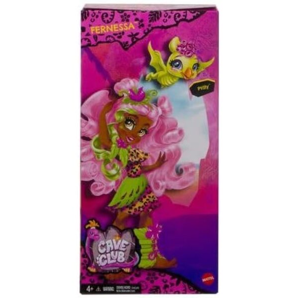 Mattel Cave Club Fernessa Prähistorische Puppe mit Dinosaurier und Zubehör, 20–25 cm