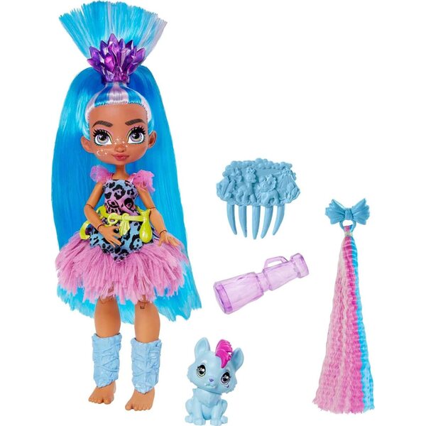Mattel Cave Club Tella Doll (8 10-inch, Blue Hair) Poseable Prehistoric Fashion Doll with Dinosaur Pet and Accessories, Gift for 4 Year Olds and Up