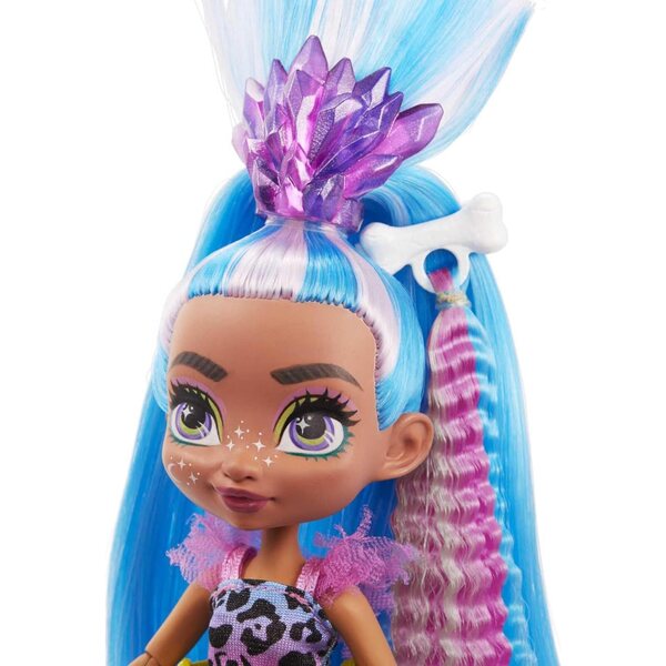 Mattel Cave Club Tella Doll (8 10-inch, Blue Hair) Poseable Prehistoric Fashion Doll with Dinosaur Pet and Accessories, Gift for 4 Year Olds and Up