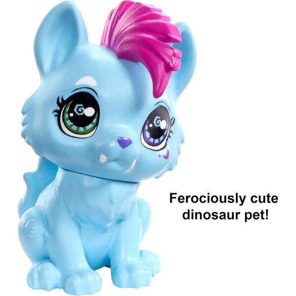 Mattel Cave Club Tella Doll (8 10-inch, Blue Hair) Poseable Prehistoric Fashion Doll with Dinosaur Pet and Accessories, Gift for 4 Year Olds and Up