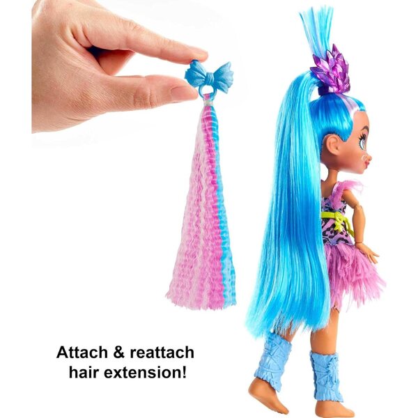 Mattel Cave Club Tella Doll (8 10-inch, Blue Hair) Poseable Prehistoric Fashion Doll with Dinosaur Pet and Accessories, Gift for 4 Year Olds and Up