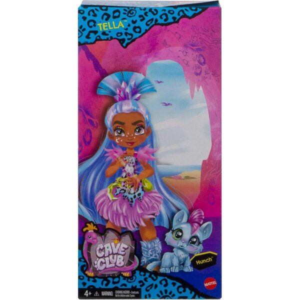 Mattel Cave Club Tella Doll (8 10-inch, Blue Hair) Poseable Prehistoric Fashion Doll with Dinosaur Pet and Accessories, Gift for 4 Year Olds and Up