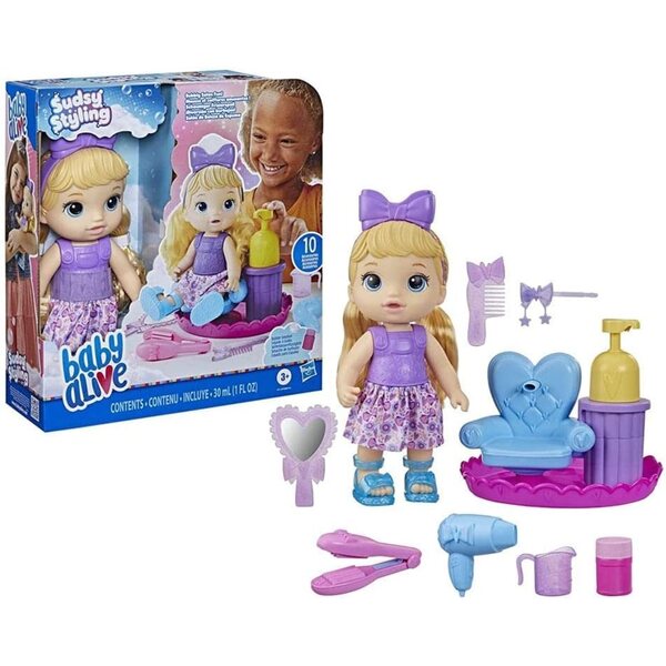 Κούκλα Styling Baby Alive Sudsy 12 ιντσών με αξεσουάρ καρέκλας και σαλονιού