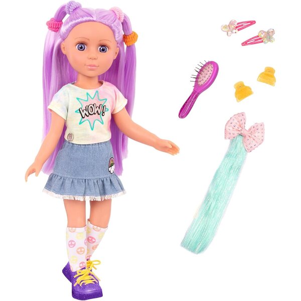 Glitzernde Luma-Puppe für Mädchen, 35 cm, mit lila Haaren und Frisuren-Accessoires