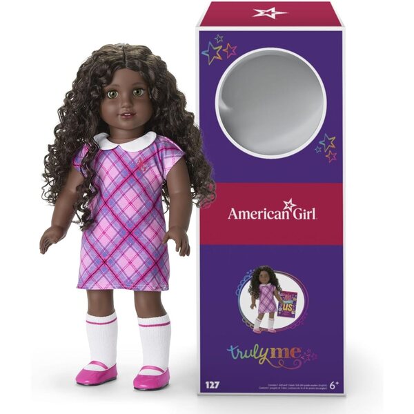 American Girl Truly Me 18-Zoll-Puppe mit haselnussbraunen Augen und dunkelbraunem lockigem Haar