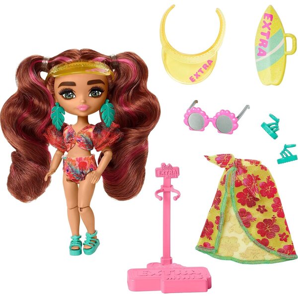 Barbie Extra Fly Minis Travel : poupée 5,5'' au look plage avec accessoires exclusifs
