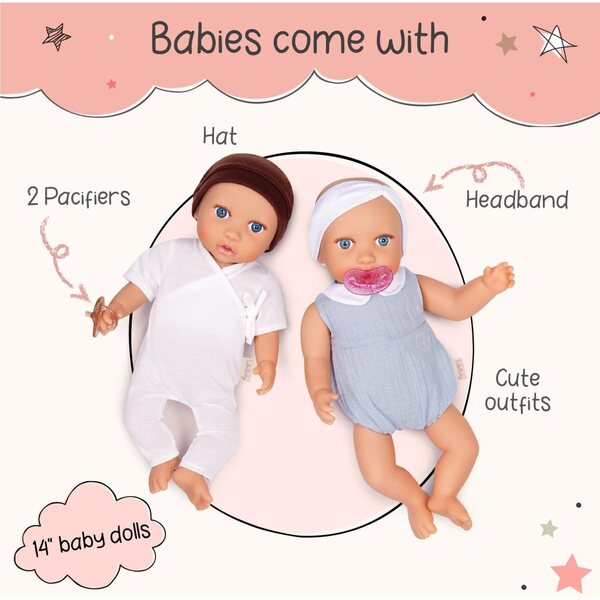 LullaBaby Zwillinge, realistische Puppen, 35,6 cm, blaue Augen, helle Haut, abnehmbare Kleidung