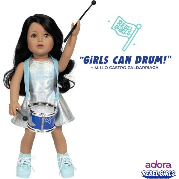Adora Rebel Girls 18" - prémiová panenka inspirovaná Millo Castro Zaldarriaga se sadou bicích