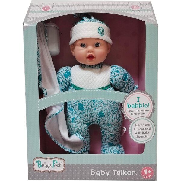 Goldberger Baby Talker: 15" interaktive Puppe mit Stimme und blaugrünem Outfit für Kinder ab 1 Jahr