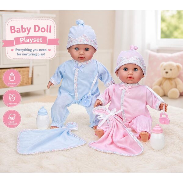 JC Toys 12.5” Nonis Twin Baby Dolls Set – Boy & Girl Soft-Body Dolls with Accessories | Realistic Twins Playset