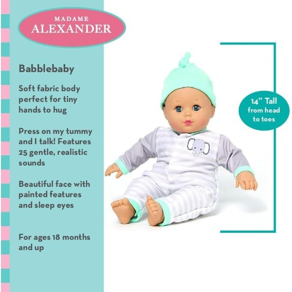 Babble Baby 14 Zoll Madame Alexander Puppe mit 25 Geräuschen und rosa Kleidung