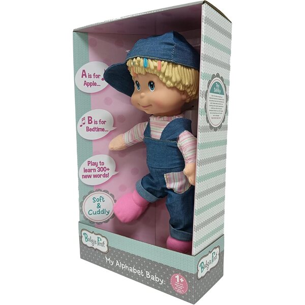 Interaktive Puppe „My Alphabet Boy“ mit Jeans-Overall und ABC-Liedern für Kinder ab 1 Jahr