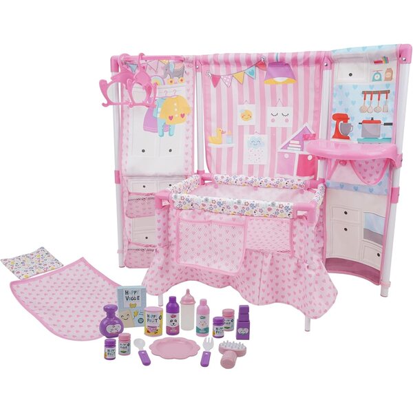 14'' Poppenspillset mat Wiesselmatte, Héichstull a rosa Accessoiren fir Kanner 3+