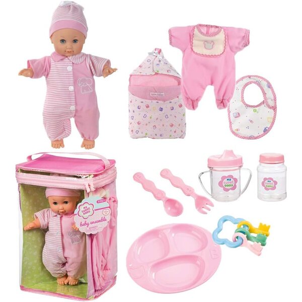 Toysmith Baby Ensemble Deluxe Juego de 12 piezas con muñeca suave de 11,5 pulgadas y accesorios