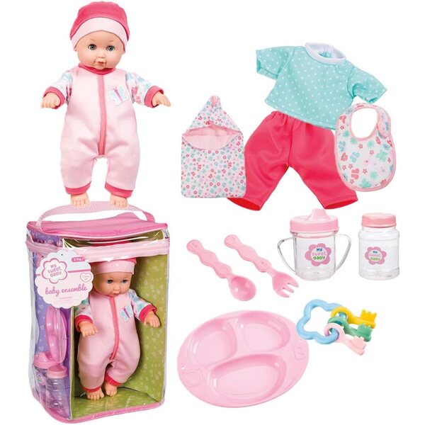 Toysmith Baby Ensemble Deluxe Juego de 12 piezas con muñeca suave de 11,5 pulgadas y accesorios