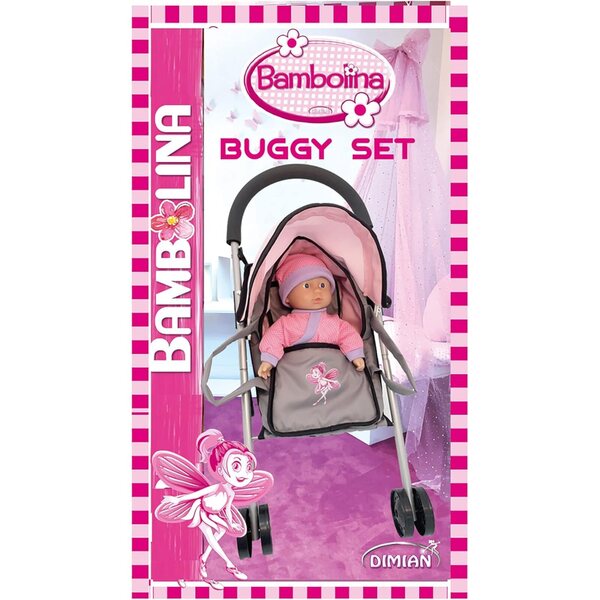 Súprava buggy pre bábiku Dimian s mäkkou bábikou 29 cm a ružovým kočíkom pre deti 3+