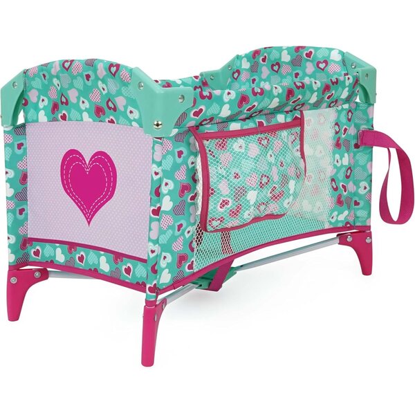 509 Crew Mint Heart draagbaar poppenspeelbed met roze groene organizervakken