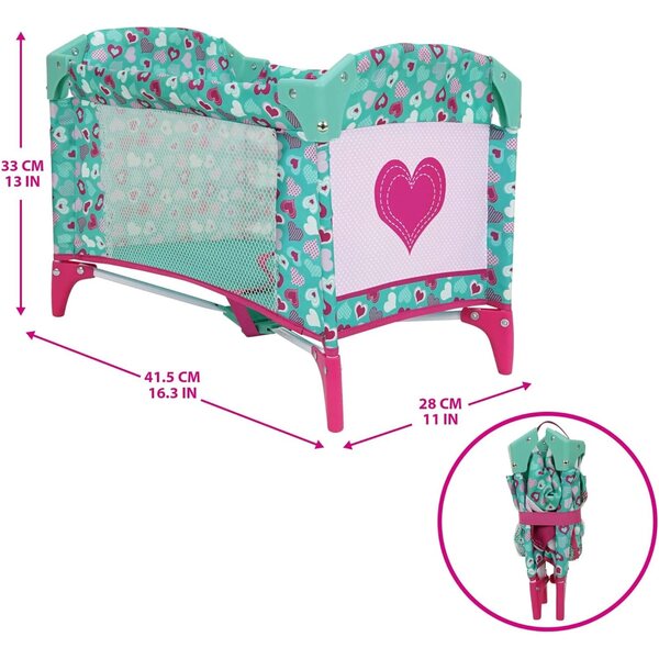 509 Crew Mint Heart Tragbares Puppenspielbett mit rosa-grünen Organizer-Taschen