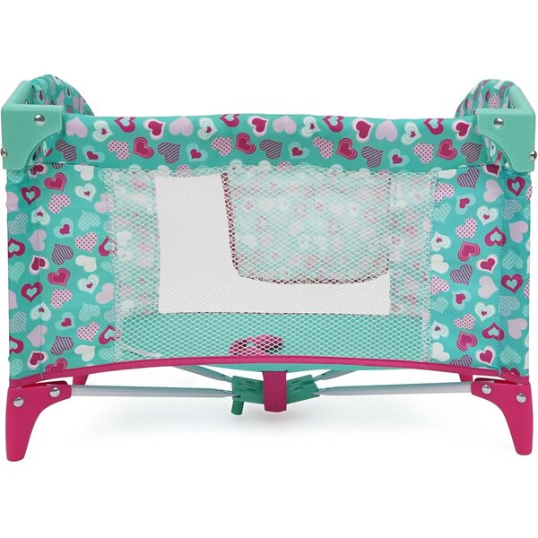 509 Crew Mint Heart Tragbares Puppenspielbett mit rosa-grünen Organizer-Taschen