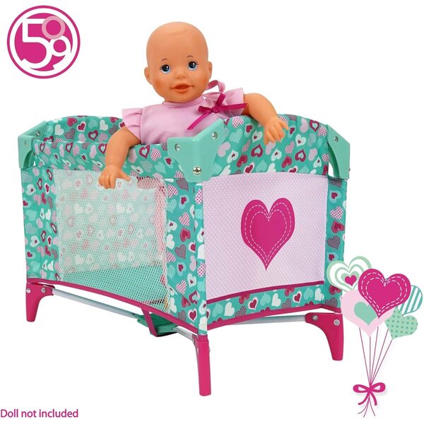 509 Crew Mint Heart Tragbares Puppenspielbett mit rosa-grünen Organizer-Taschen