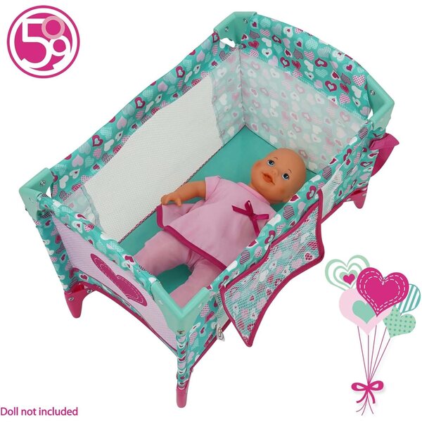 509 Crew Mint Heart Tragbares Puppenspielbett mit rosa-grünen Organizer-Taschen