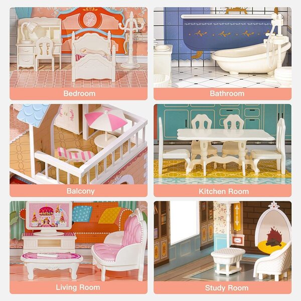 ROBUD Puppenhaus aus Holz mit Möbeln und 3 Etagen, kreatives Spielzeug für Kinder