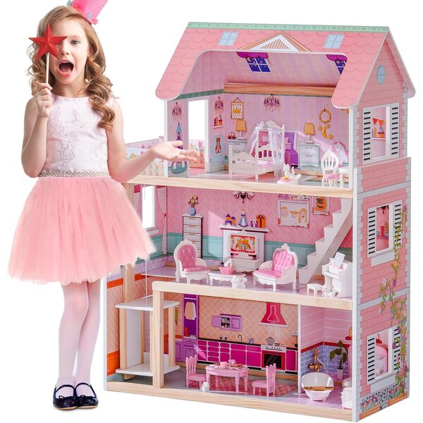 Robotime houten poppenhuis met 24 meubels voor poppen van 4-6 inch, roze creatief spel