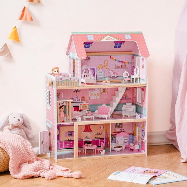 Robotime houten poppenhuis met 24 meubels voor poppen van 4-6 inch, roze creatief spel